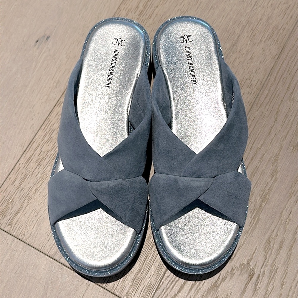 Johnston & Murphy Grace cross band slides size 9, light blue .  NEVER WORN